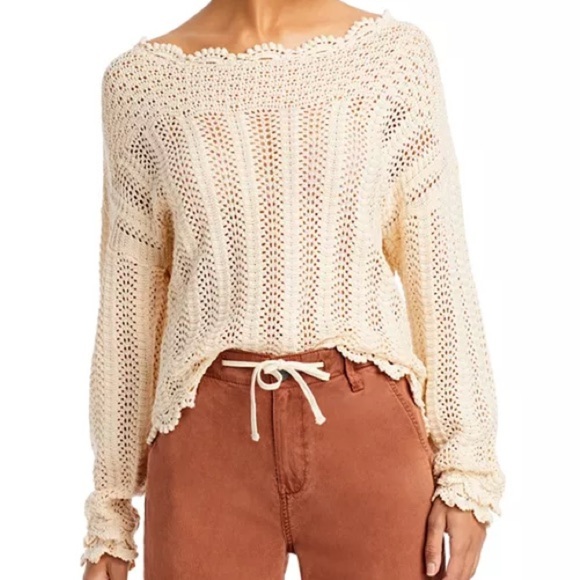 Paige Cream Cable Knit Sweater Size Small Boat Neck Cropped Drop Shoulder - Picture 1 of 5